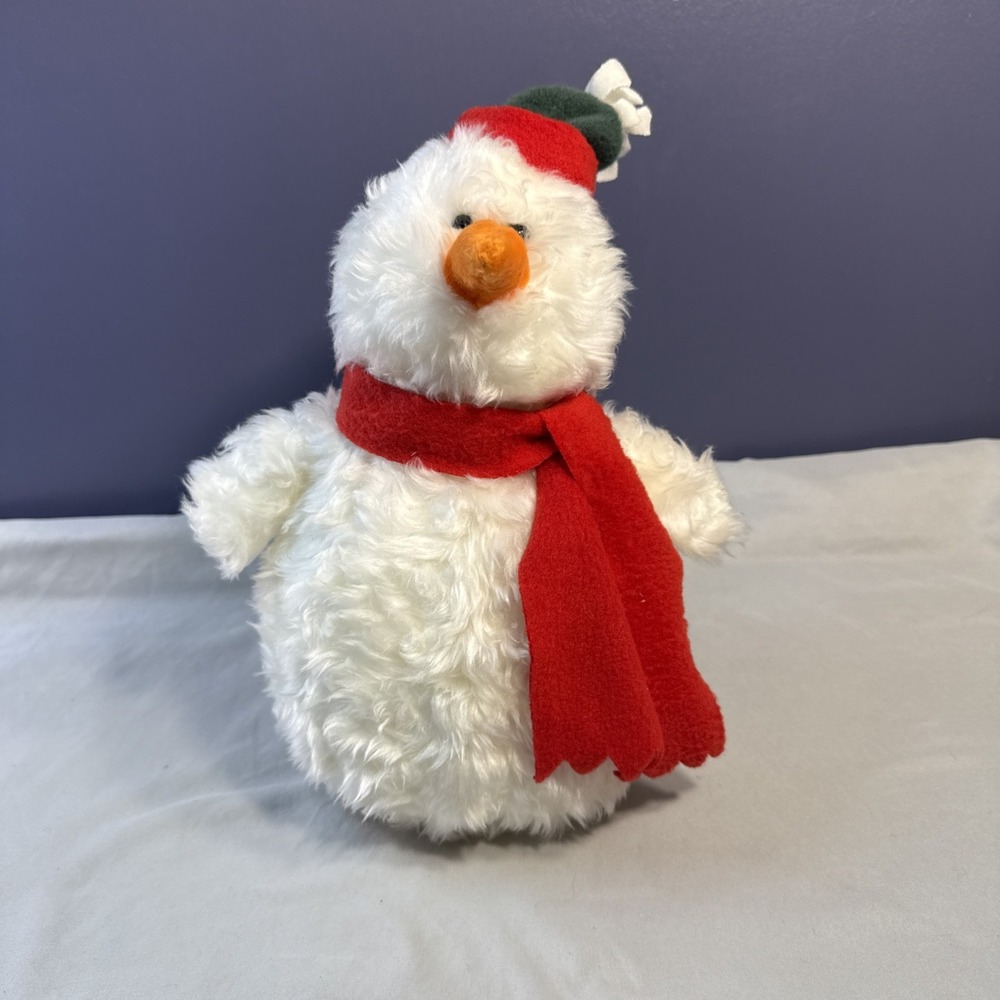 Vintage Gund Snowman Plush Stuffed Animal Red Scarf Knit Christmas Hat 12in